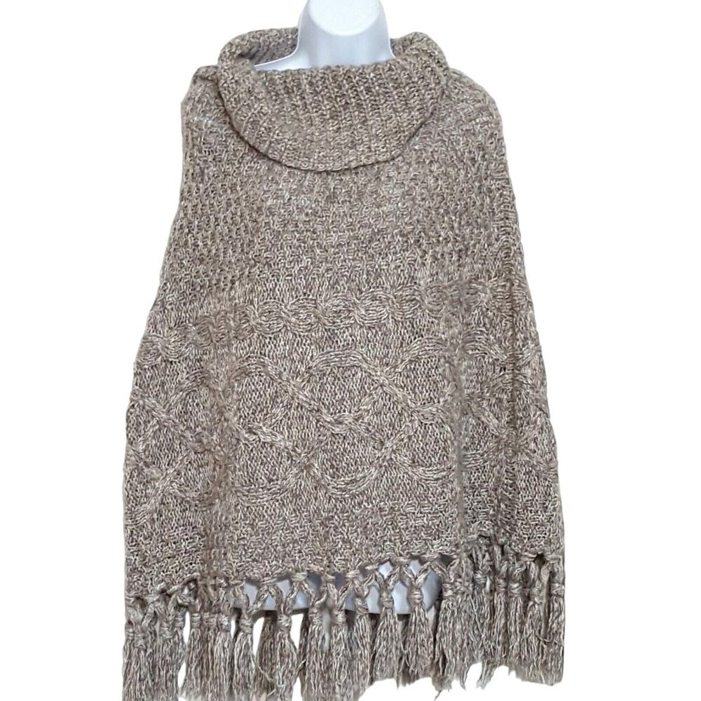 Old Navy Womens XL Brown Chunky Cable Knit Sweater Poncho Fringe Cape